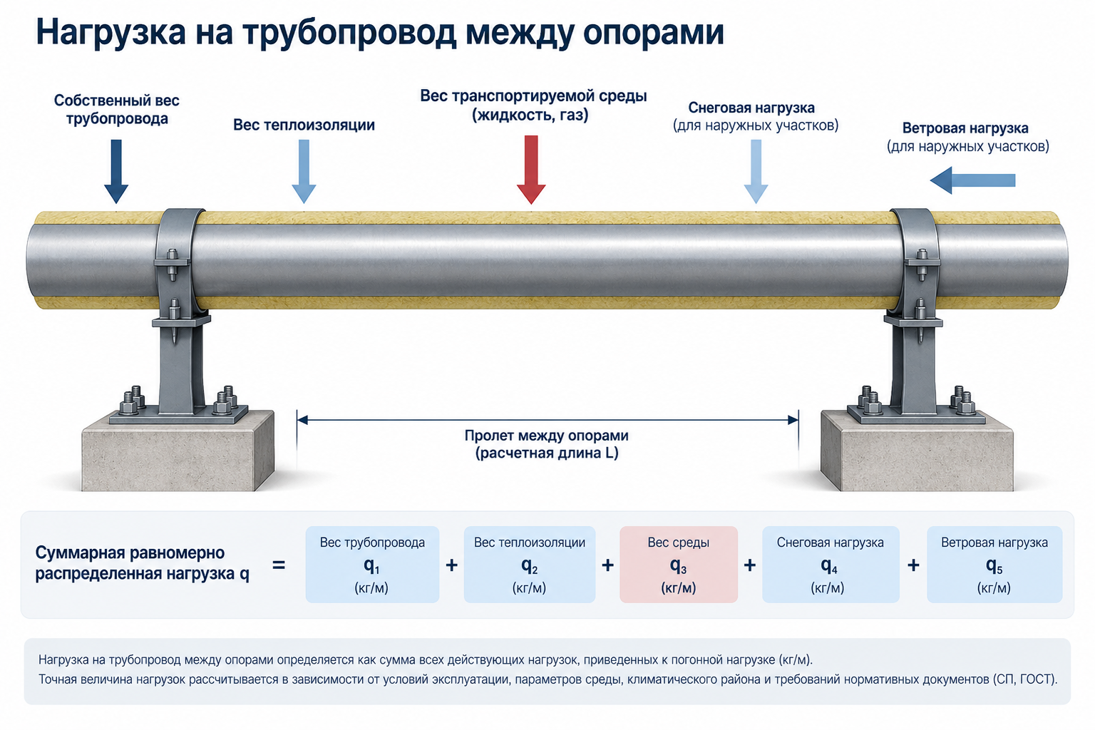 Нагрузка на трубопровод между опорами